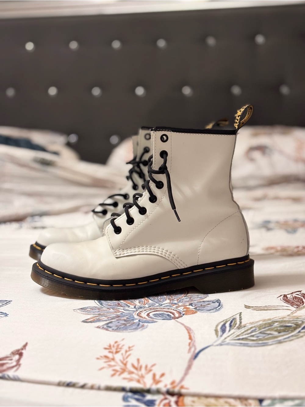 Dr. Martens White Leather Lace-Up Boots with Black Laces